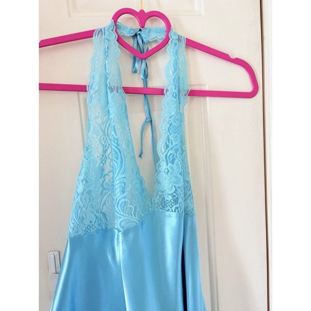 VTG Frederick’s of Hollywood Blue Satin Lace Dress Lingerie Size L Sexy Backless - Picture 10 of 11